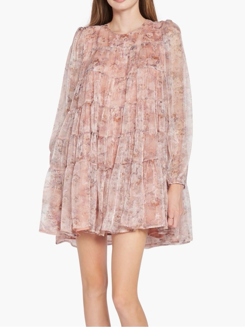En Saison Babydoll Floral Tiered Long Sleeve Mini Dress